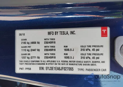 2018 Tesla Model 3 Long Range/Mid Range from USA, damaged, VIN 5YJ3E1EA6JF027065